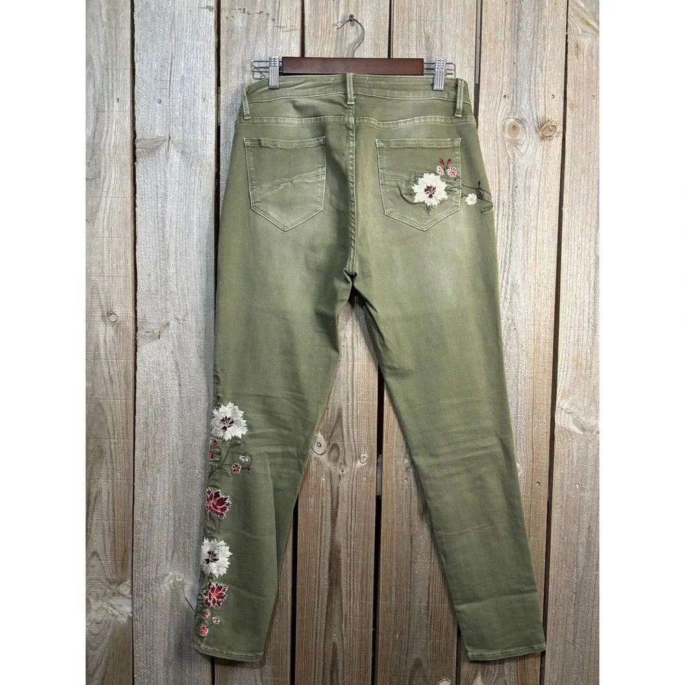 Driftwood Jackie Floral Embroidered Skinny Jeans Olive Green W29 L28 Boho Pants - Picture 3 of 6